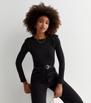 New Look Black Ribbed Knit Long Frill Sleeve Top